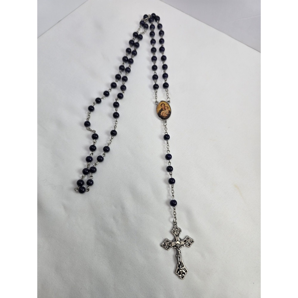Catholic Rosary Dark Blue Beads St Anthony Baby Jesus Silver Tone Crucifix 20 in